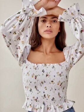 Reformation Tangerine Top Fruit Loops Print Smocked Blouse ✨ Size XS